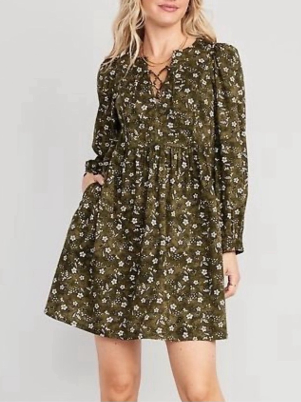 Old Navy Olive Floral Lace-Up Babydoll Dress